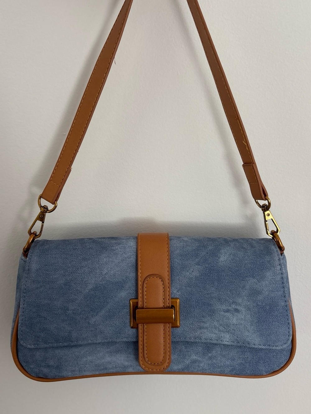 SHEIN Blue Denim Shoulder Bag with Tan Strap